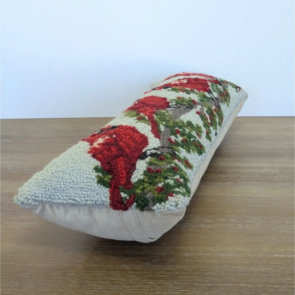 Cardinals Red Birds Wool Latch Hook Velvet Lumbar Decorative Pillow 24